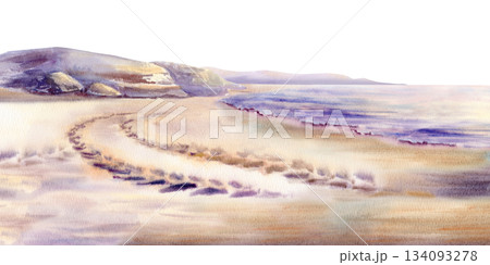Tracks scar the pristine sand at sunset,stark arc of human impact on nature.Hand drawn watercolor scene,serves as powerful imagery for eco-campaigns,environmental blogs,conservation nature 134093278