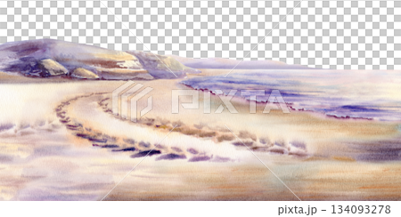 Tracks scar the pristine sand at sunset,stark arc of human impact on nature.Hand drawn watercolor scene,serves as powerful imagery for eco-campaigns,environmental blogs,conservation nature 134093278