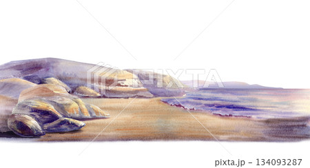 Coastal scene with foreground boulders,midground stones,wet sand,a distant shoreline.Illustration in soft watercolor washes,peaceful landscape for travel branding,nature blogs,serene wall art 134093287