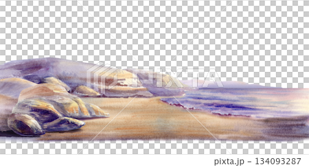 Coastal scene with foreground boulders,midground stones,wet sand,a distant shoreline.Illustration in soft watercolor washes,peaceful landscape for travel branding,nature blogs,serene wall art 134093287