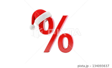 Red percentage symbol wearing a festive Santa hat, representing holiday discounts and promotions, ideal for seasonal marketing and advertising campaigns. Isolated on transparent background. 134093637