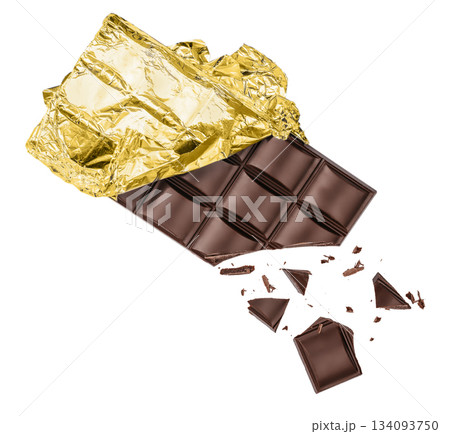 Dark chocolate bar partially unwrapped in gold foil isolated on white background with copy space 134093750