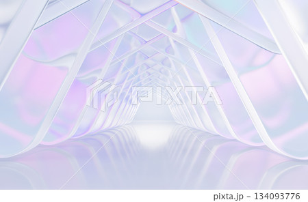 Fashion show glass stage with rainbow hologram gradient. 3D render of abstract room with corridor perspective, transparent walls and white glossy floor. Pastel light podium background. 3D illustration Fashion show glass stage with rainbow hologram gradient. 3D render of abstract room with corridor perspective, transparent walls and white glossy floor. Pastel light podium background. 3D illustration 134093776