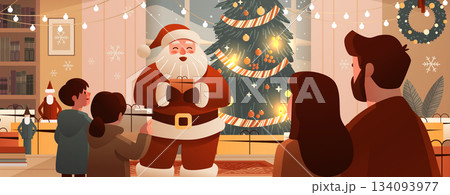 Santa Claus Christmas family celebration exchanging gifts festive tree lights cozy home interior holiday decoration fireplace scene 134093977
