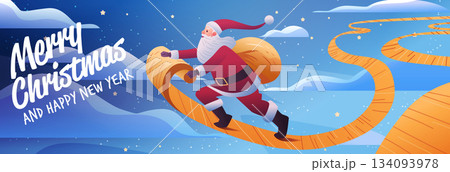 Santa Merry Christmas New Year 2026 festive scene with Santa Claus walking on a golden path through snowy night sky stars clouds holiday banner 134093978