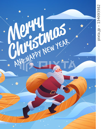 Santa Merry Christmas New Year 2026 celebration snowy landscape Santa running with gift sack on winding path night sky stars festive holiday scene 134093982