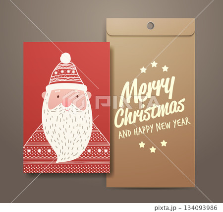Santa Christmas greeting card festive envelope holiday design red and gold background stars winter sweater pattern flat style 134093986