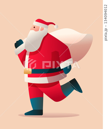 Santa running Christmas delivery gift sack festive holiday character red suit flat cartoon style beige background Santa running Christmas delivery gift sack festive holiday character red suit flat cartoon style beige background 134094012