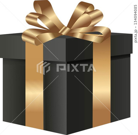 Decorative black gift box with golden bow isolated on white. For your New Year winter and Christmas sale design template. Vector illustration Decorative black gift box with golden bow isolated on white. For your New Year winter and Christmas sale design template. Vector illustration 134094085