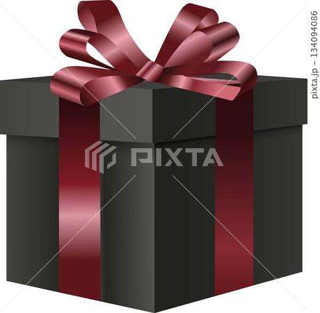 Decorative black gift box with burgundy bow isolated on white. For your New Year and Christmas sale design template. Vector illustration 134094086
