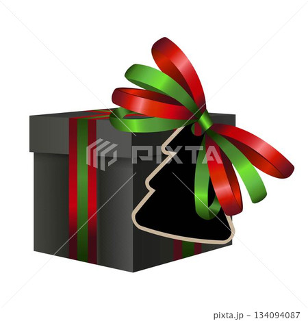 Decorative black gift box with a red and green bow and price tag in the shape of a Christmas tree isolated on white. For your New Year and Christmas sale design template. Vector illustration 134094087