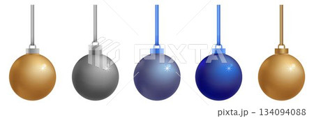 Christmas decorations in the form of five balls with glitter realistic 3d design set. Xmas decorations. Christmas balls in glitter. New Year Holiday Elements Round Ornaments. Template for your design 134094088