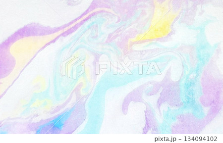 Watercolor liquid stains on white paper, lilac, yellow and blue colors, hand painted watercolor or acrylic background. 134094102
