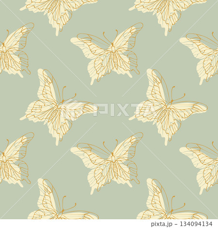 Butterfly pattern, hand drawn butterfly gold outlines and creme silhouettes, summer vibe. Butterfly pattern, hand drawn butterfly gold outlines and creme silhouettes, summer vibe. 134094134