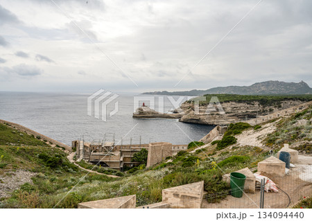 Aerial view marina cape Bonifacio south Corsica France citadel on rocky promontory on wild white limestone cliffs Aerial view marina cape Bonifacio south Corsica France citadel on rocky promontory on wild white limestone cliffs 134094440