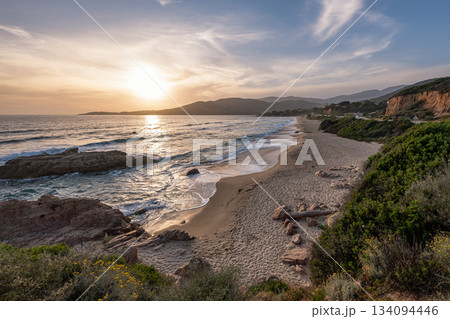 Sunset at Santana Beach view Golf at Sagone Corsica France beautyful sand Beach boats mountain village Tourism concept 134094446