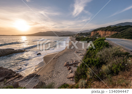Sunset at Santana Beach view Golf at Sagone Corsica France beautyful sand Beach boats mountain village Tourism concept 134094447