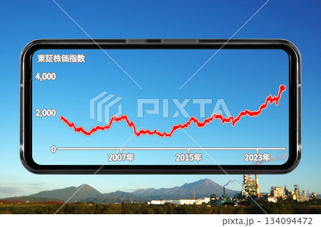山と工場の風景を切り抜いた構図を壁紙にしたスマホ画面に長期的な株価の推移を表示させているイメージ写真 134094472