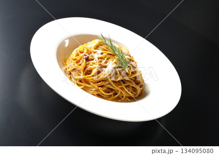 粉チーズとローズマリーの乗ったスパゲッティミートソースを黒背景で撮影 粉チーズとローズマリーの乗ったスパゲッティミートソースを黒背景で撮影 134095080