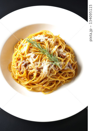 粉チーズとローズマリーの乗ったスパゲッティミートソースを黒背景で撮影 134095115