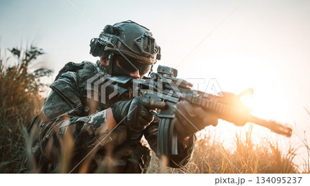 アサルトライフルを構えるアジア人兵士10 134095237