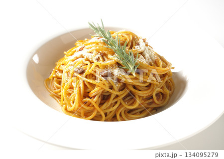 粉チーズとローズマリーの乗ったスパゲッティミートソースを白背景で撮影 粉チーズとローズマリーの乗ったスパゲッティミートソースを白背景で撮影 134095279