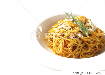粉チーズとローズマリーの乗ったスパゲッティミートソースを白背景で撮影 粉チーズとローズマリーの乗ったスパゲッティミートソースを白背景で撮影 134095280