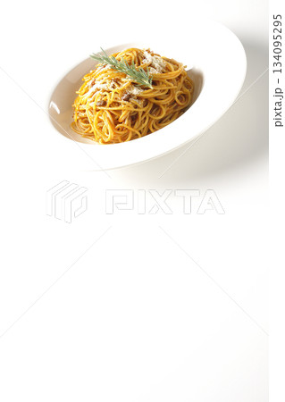 粉チーズとローズマリーの乗ったスパゲッティミートソースを白背景で撮影 粉チーズとローズマリーの乗ったスパゲッティミートソースを白背景で撮影 134095295