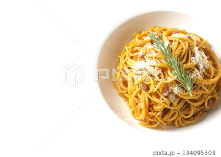 粉チーズとローズマリーの乗ったスパゲッティミートソースを白背景で撮影 粉チーズとローズマリーの乗ったスパゲッティミートソースを白背景で撮影 134095303