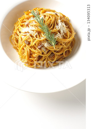 粉チーズとローズマリーの乗ったスパゲッティミートソースを白背景で撮影 粉チーズとローズマリーの乗ったスパゲッティミートソースを白背景で撮影 134095313