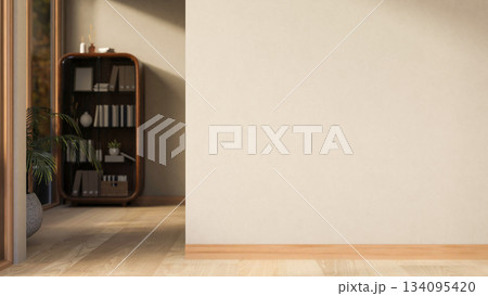 Empty corridor or hallway with white wall and wooden parquet floor and display cabinet in a corner. 134095420