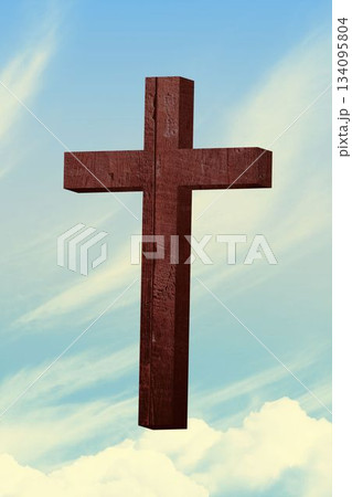 Flat design wooden cross with visible wood grain is floating above cumulus clouds in blue sky 134095804