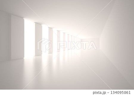 Illuminated vertical openings are flooding flat design corridor with bright white reflections 134095861