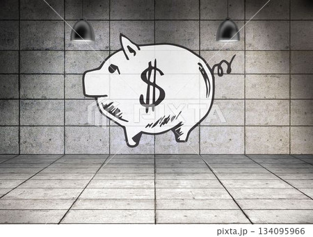 Digitally generated piggy bank in grey room Digitally generated piggy bank in grey room 134095966