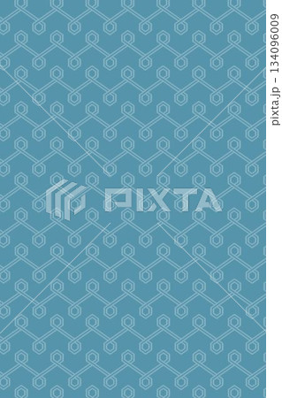 Repeating hexagon nodes are linking with straight lines in flat vector design on blue background 134096009