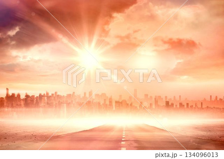 Asphalt road with centerline is stretching toward skyline under sun and flare rays in flat design 134096013