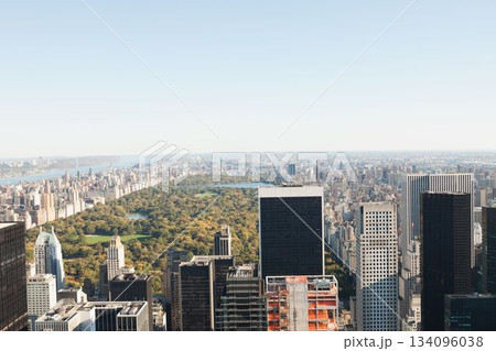 Manhattan aerial is being shown in flat design featuring Central Park and under-construction tower 134096038