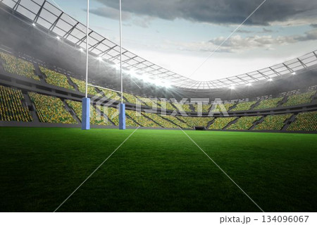 Flat empty rugby stadium is showing grass field, white goalposts with blue padding, floodlights 134096067