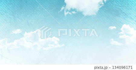 Blue sky and white clouds are filling full frame flat design scene with textured crosshatch overlay Blue sky and white clouds are filling full frame flat design scene with textured crosshatch overlay 134096171