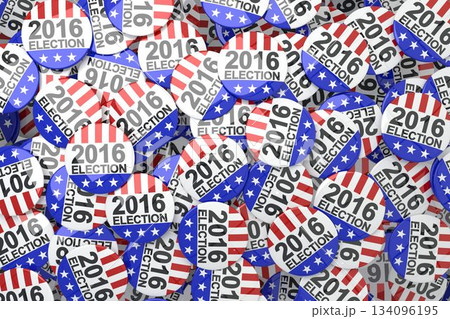 Flat style scattering of 2016 election buttons on flat surface, showing red stripes and blue stars Flat style scattering of 2016 election buttons on flat surface, showing red stripes and blue stars 134096195