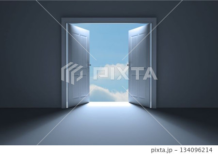 Door opening in dark room to show sky 134096214