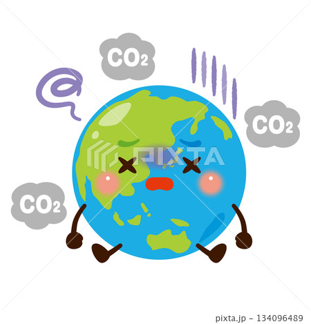 温室効果ガスに悩む地球のキャラクターイラスト 134096489