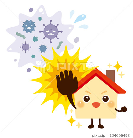 ウイルスをはじき返す元気な家のキャラクターイラスト 134096498
