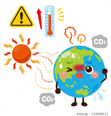 温暖化で暑がる地球のキャラクターイラスト 134096511