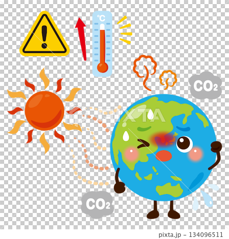 温暖化で暑がる地球のキャラクターイラスト 134096511