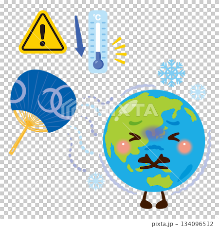 寒冷化で寒がる地球のキャラクターイラスト 134096512