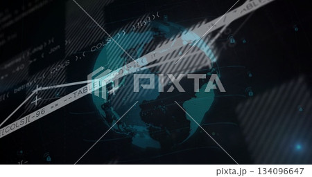 Showing teal globe in cyberspace with code overlays, diagonal white bars, padlock icons, grid lines 134096647