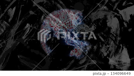 Floating glowing digital sphere rotating within abstract background, with grey brushstroke textures 134096649