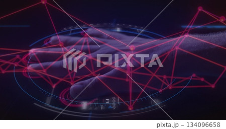 Extending male hand interacting with glowing holographic rings in virtual scene, with network lines Extending male hand interacting with glowing holographic rings in virtual scene, with network lines 134096658