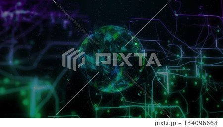 Floating polygonal digital sphere in data grid, glowing circuit lines, network nodes, particles 134096668